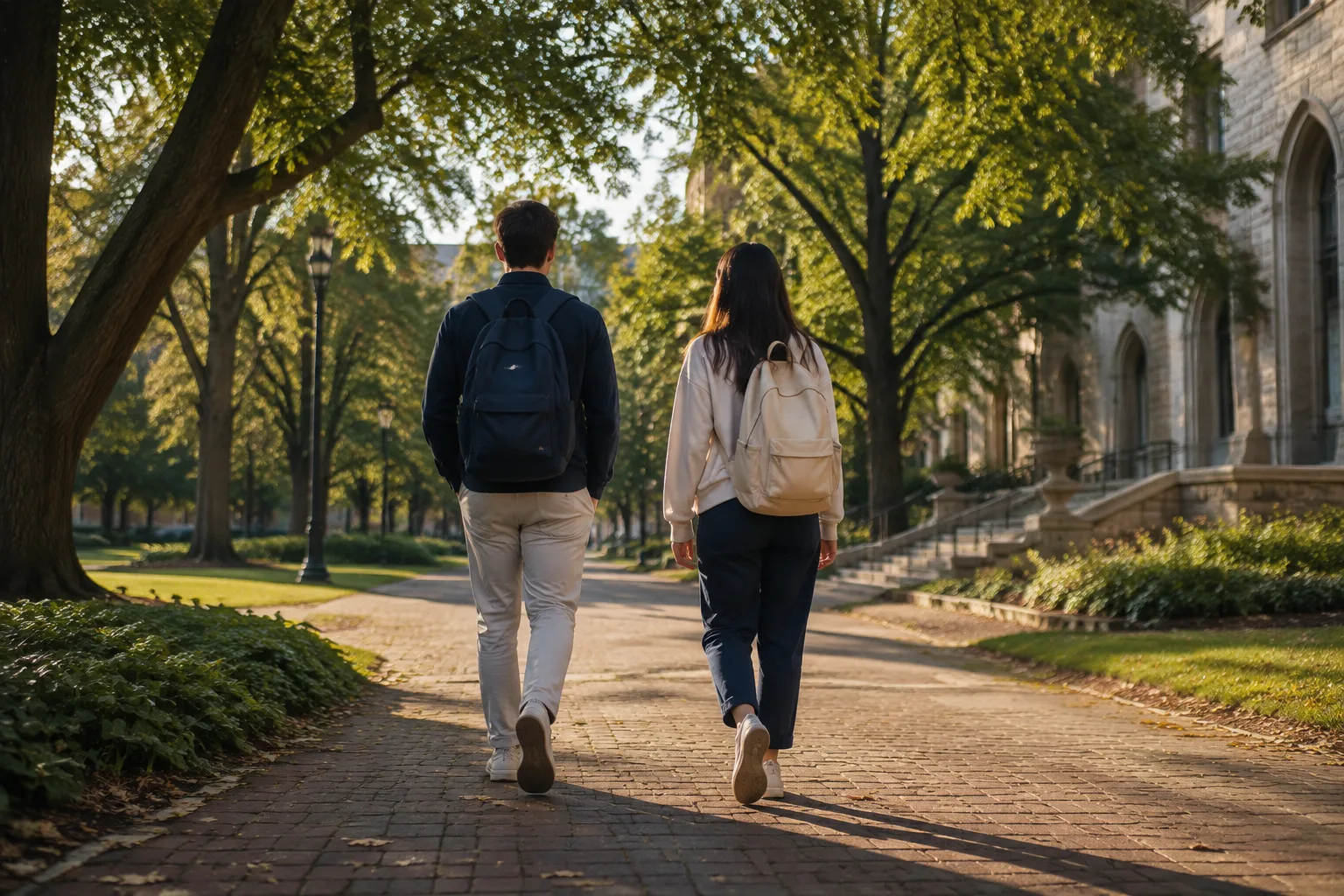 Editorial illustration of students heading across campus after studying.